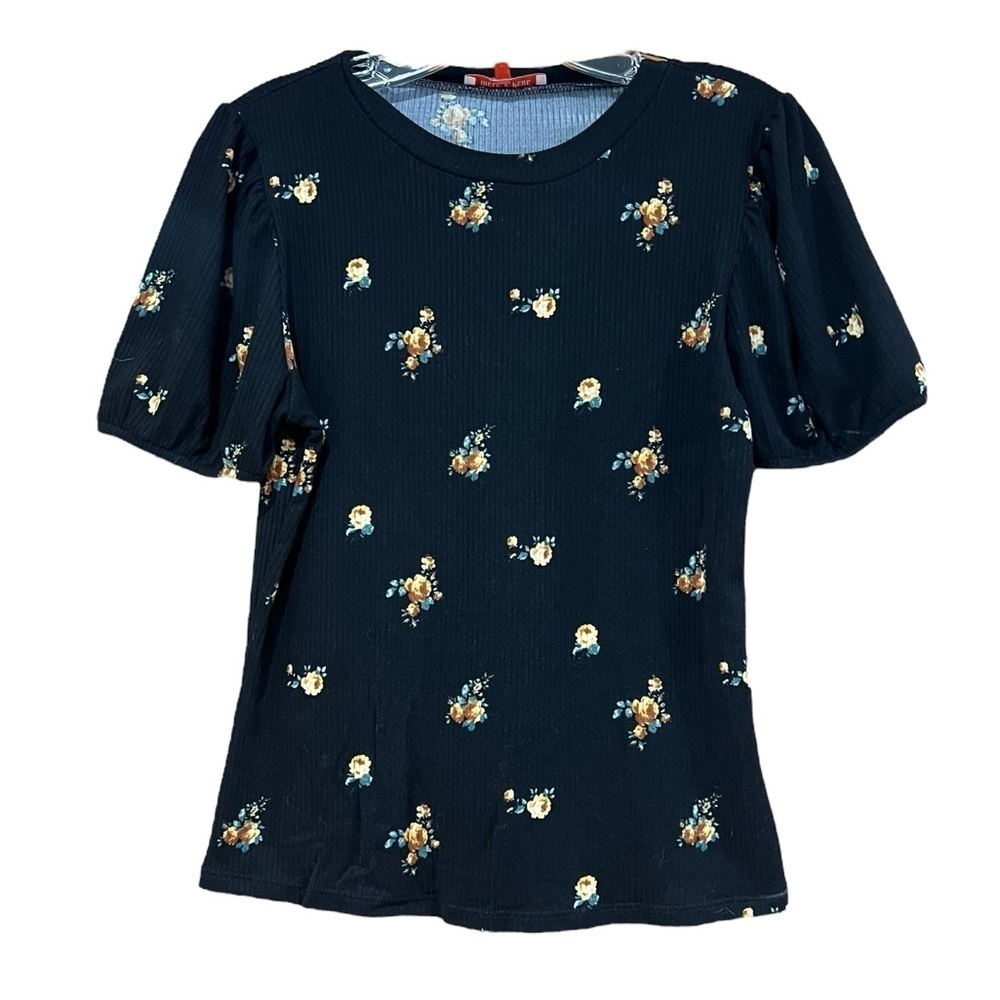Mele E Pere Black Floral Puff Sleeve Shirt Large